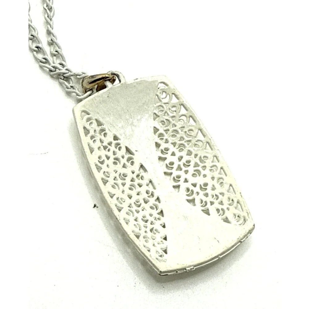 Vintage MCM White Enameled Metal Pendant Necklace Filigree Statement 31